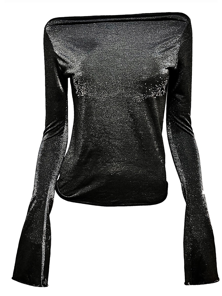 Layer Neck Crystal T-shirt -Black